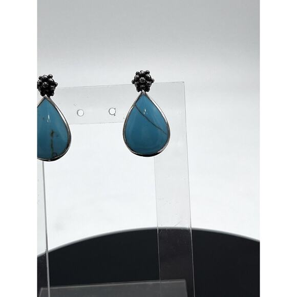 ClJ Turquoise Sterling Silver Teardrop Open Back Metal Work Flower Earrings - Picture 10 of 10